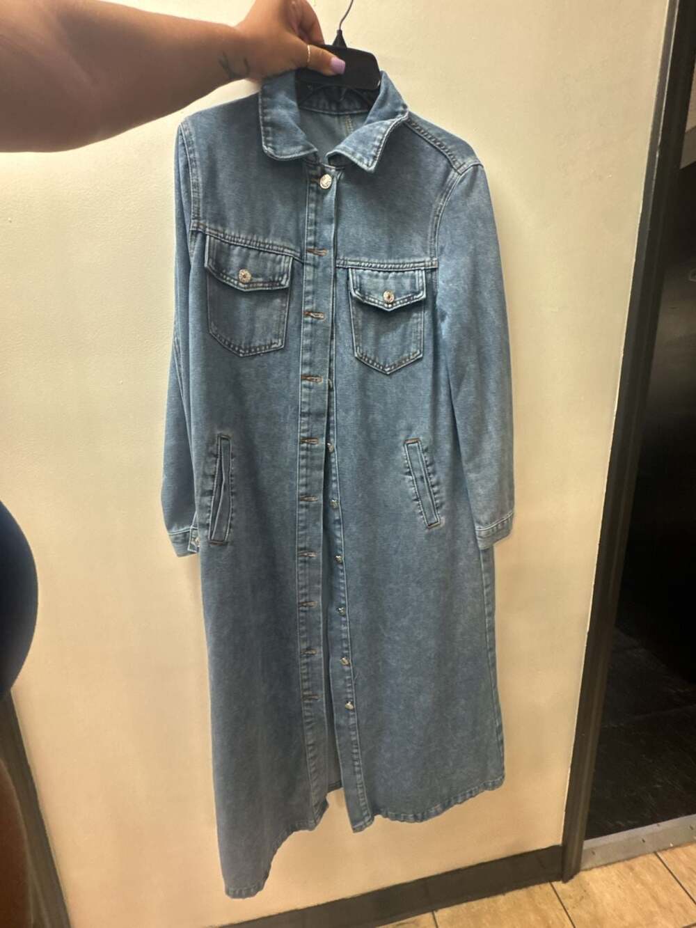 Women's Long Sleeve Button-Up Denim Trench Coat